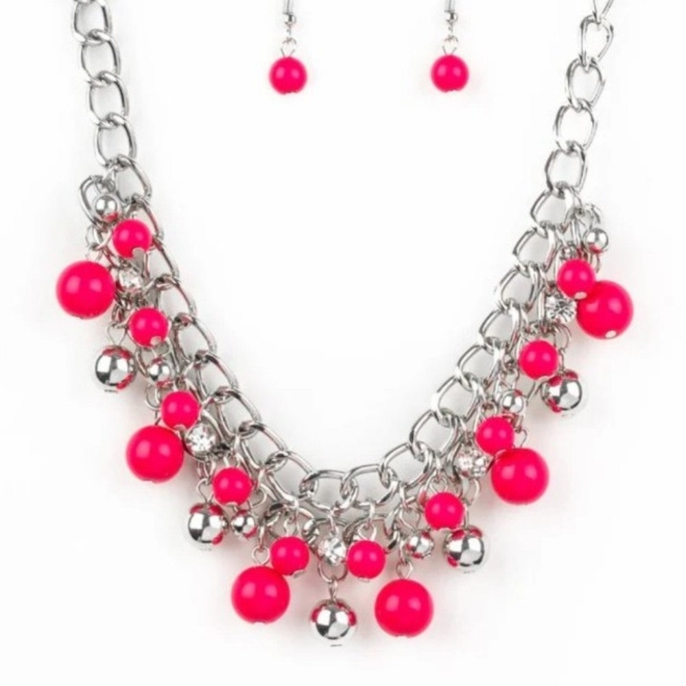 Paparazzi Silver and Hot Pink Statement Necklace Set The Bride To BEAD  Pink